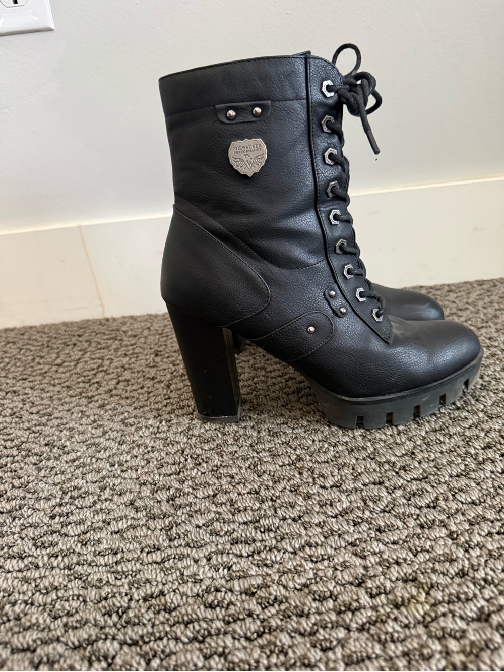 Black Lace-Up Platform Heeled Ankle Boots